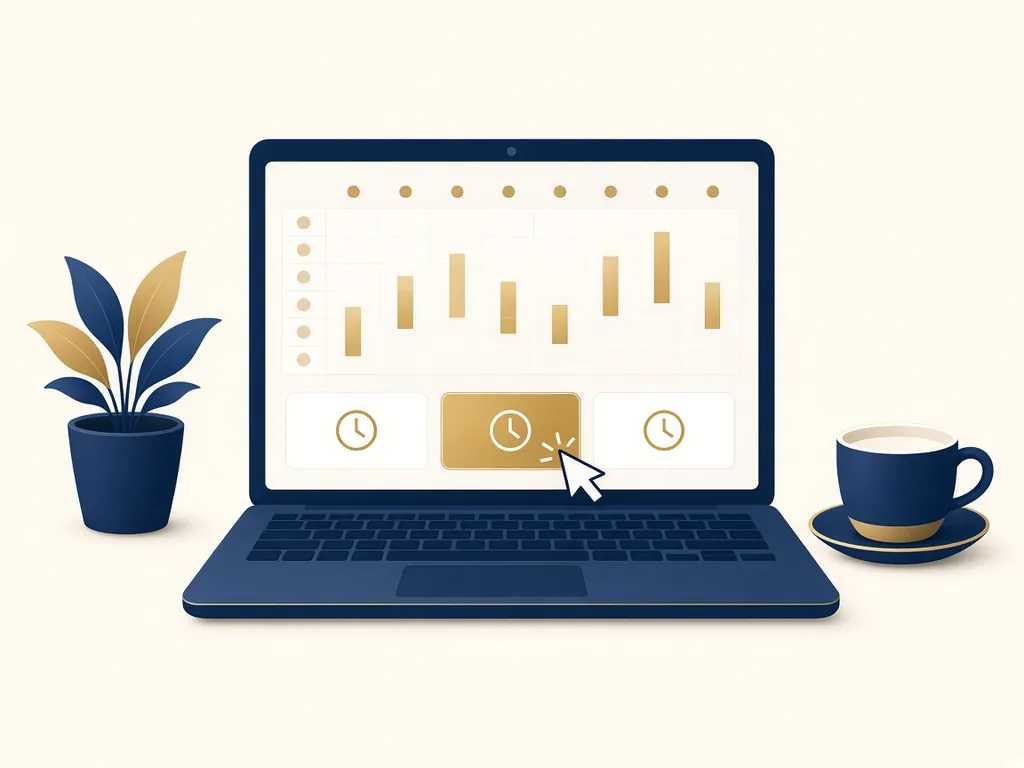 Illustration of a laptop scheduling screen with a time slot being picked