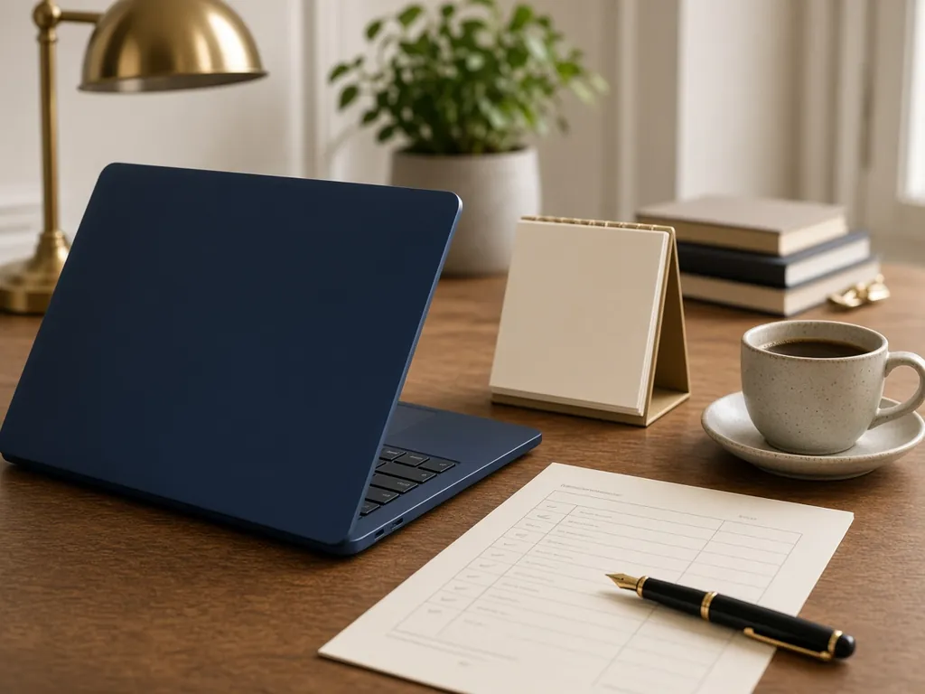 A tidy desk with a laptop, an onboarding checklist, a pen, and coffee