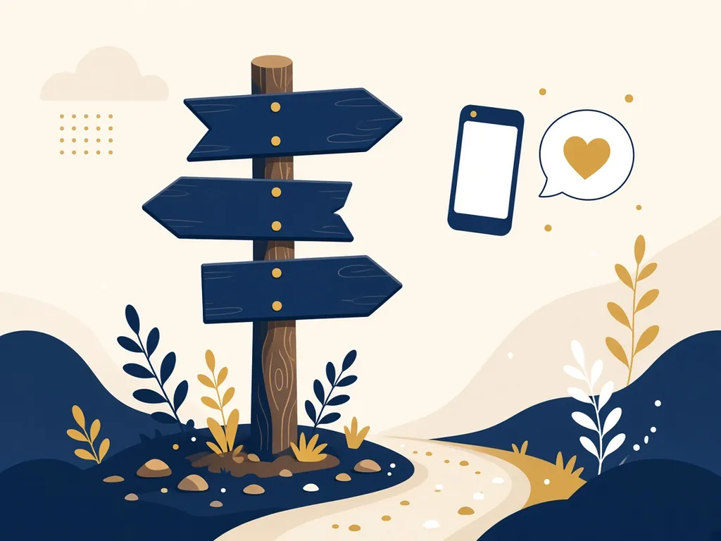 Illustration of a signpost pointing different ways, with a phone and a heart