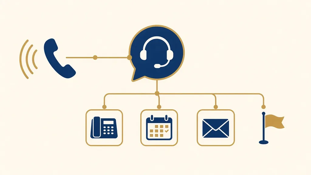 Illustration of a call flowing to the AI receptionist and then to a desk phone, a calendar, email, or an urgent flag