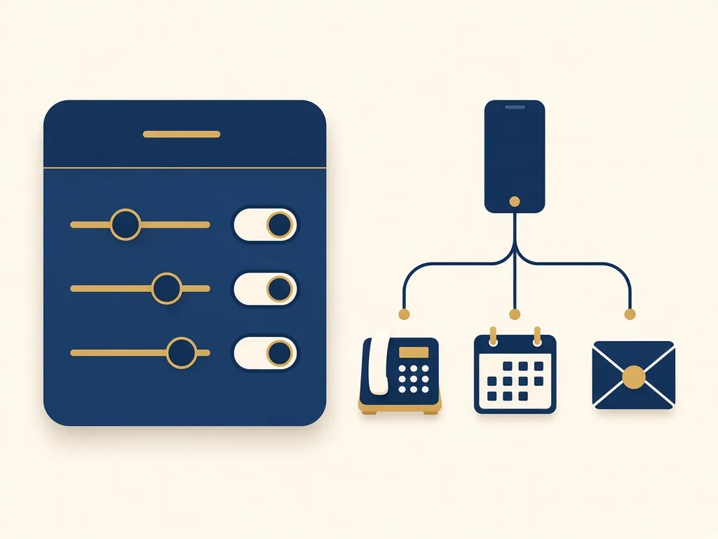 Illustration of settings sliders and a call splitting to a desk phone, a calendar, and email