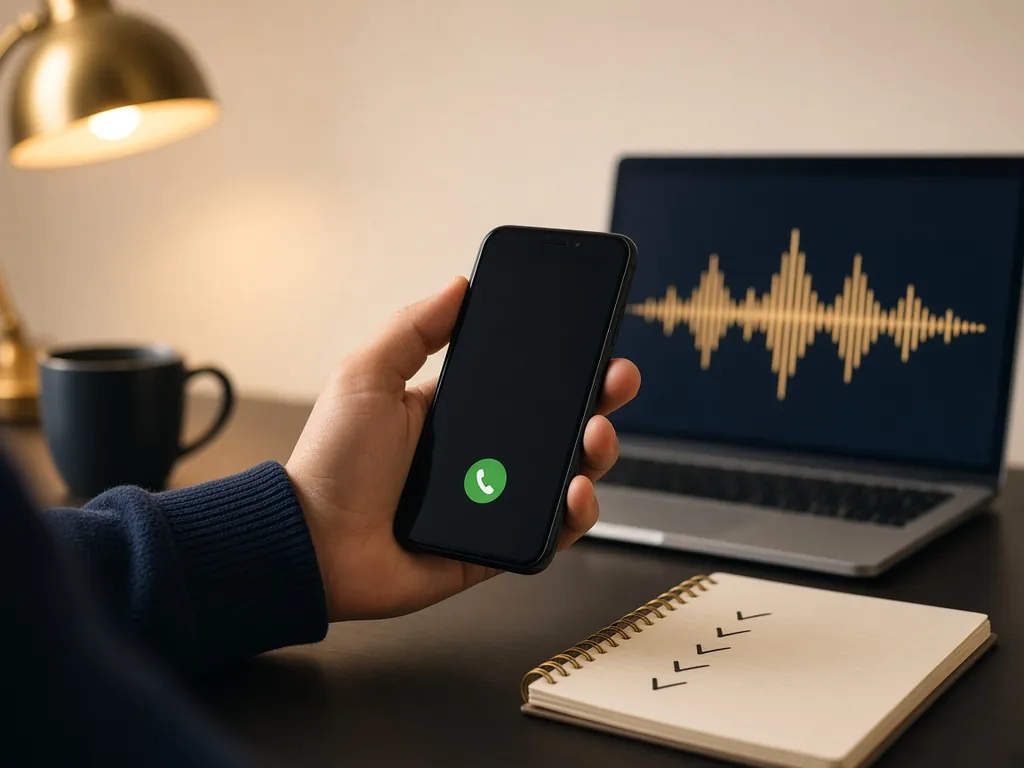 A hand holding a phone to place a test call, with a laptop showing a sound wave
